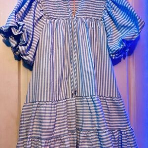 Entro Blue and White Striped Dress with Ruffles on Hem and Puffed sleeves